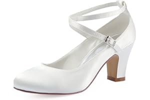 Elegantpark HC1808 Damen Krause Riemchen Blockabsatz Pumps Satin Hochzeit Brautschuhe