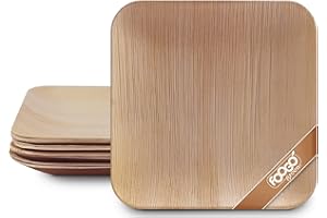 FOOGO Green 25 Assiettes en Feuilles de Palmier Jetables, 10" (25 cm) Grandes Carrées, Compostables, Similaires aux Assiettes en Bois, Assiettes en Papier, pour les Plats Chauds, les Mariages