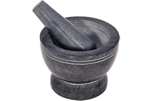 Divit Shilp Mortero y mortero, hecho de piedra dura pulida resistente, molinillo de piedra natural para especias, pastas, hierbas, condimentos, etc. (Grey with Rings)