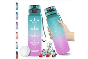Vikaster Borraccia 1 litro, Borraccia Motivazionale con Marcatori di Tempo, Water Bottle Senza BPA & Prova di Perdite, Bottiglia Acqua Sportiva per Bambini Scuola, Bici, Palestra, Yoga, Ufficio