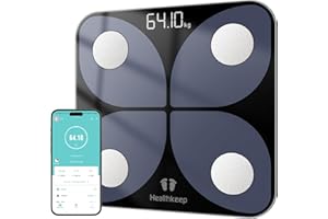 HEALTHKEEP Báscula digital de grasa corporal reconocida por los consumidores, con aplicación inteligente y Bluetooth para análisis corporal, grasa corporal, IMC, masa muscular, proteínas, BMR, 26 x 26 cm…