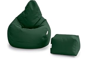 Loft 25 Bean Bag Gamer Chair | Outdoor Indoor Living Room BeanBag Seat | Water Resistant | Ergonomic Design for Body Support | Durable & Comfortable (Bean Bag + Footstool, Green)