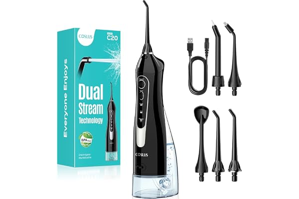COSLUS C20 Jet Dentaire Hydropulseur Portable 300 ML Sans Fil Irrigateur Dentaire Hydropulseur Dentaire Double Débit d'eau Water Oral Flosser Étanche IPX7 Pour La Maison et Les Voyages Noir