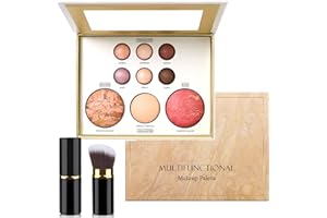 MEITREND Face Make Up Set,Baked Facial Make Up Palette with Brush For Women,Includes Bronzer, Blush, Highlighter and 6 Eyeshadows,Girls Make up Gifts (Gold 2pc)