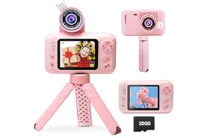 POSO Macchina Fotografica Digitale con Treppiede per Ragazze, Fotocamera per Bambine 3-10 Anni, 1080P 40MP, Display IPS 2.4", Obiettivo Rotante 180°, Scheda 32GB, Regalo di Natale