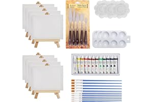 DYUEE 49 Pcs Mini Canvas and Easel Set, 4x4 Inches Canvas, Paint Brushes, Paint Palette Mini Canvas Painting Set, Small Adjustable Easel Stand with Painting Boards for Kids and Artists Art Party for Oil Pai