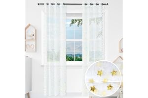 BOD HOME 2 Piezas Cortina Infantil Translúcida para Habitación de Niños/Niñas, 140 x 260cm Ancho x Alto, Cortina Dormitorio Infantil Blanco con Diseño Estrellas Doradas, Material 100% Poliéster