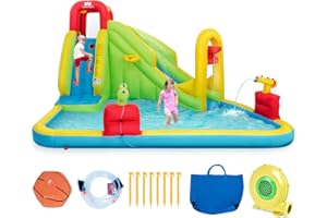 GOPLUS Château Gonflable,Aire de Jeux Aquatique avec Toboggan Aquatique Gonflable avec Fusils à Eau en Plein Air pour Enfants 400X335X230CM (avec Souffleur 680W)