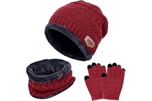 TMEOG Packs Bonnet Écharpe et Gants Garçon Fille Enfant Bonnet Tricoté Doublé en Polaire Tour de Cou Gants d'hiver à Écran Tactile 5-10 Ans