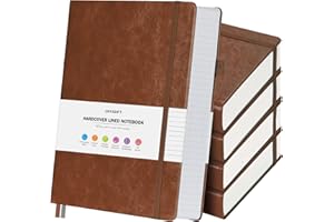 OFFIGIFT 5 Pack College Ruled Notebook, 312 Numbered Pages Thick Notebooks Bulk, 100gsm No Bleed Paper Hardcover Leather Journal, Lined Journal Notebook Set for Women Men School Office, A5, Brown