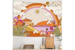 YISUMEI Vintage Groovy Tapestry, Retro Flowers Clouds Sun and Rainbow Wall Hanging, Orange Boho Hippie Psychedelic Tapestry for Bedroom Living Room Dorm Decor (M/130x150cm/51x60inch)