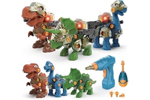 GILOBABY 3 Stück Dinosaurier Spielzeug Set, Montage Dino Spielzeug mit Bohrmaschine, Schraubendreher, Licht und Brüllen, Lernspiele Kinderspielzeug Geschenk für Jungen Mädchen Geburtstag ab 3 Jahre