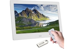 Ysguyyz Cadre Photo Numérique HD IPS 7" - Vidéo 1080P, Mise sous/Hors Tension Automatique, Aperçu De l'image, MP3, Horloge Calendrier, USB avec Télécommande (with 32GB USB Driver,Blanc)