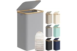 SONGMICS Laundry Basket with Lid, Large Laundry Hamper, 90L, Removable Mesh Liner, Oxford Fabric, Bamboo Handles, Collapsible, 42 x 32 x 70.5 cm, Dove Grey LCB509G01