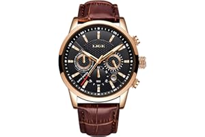 LIGE Men's Watch Chronograph Waterproof Quartz Analogue Stainless Steel Leather Bracelet Calendar Watch…