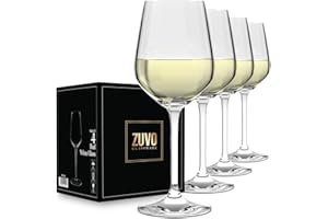 Zuvo Large White Wine Glasses Set of 4 x 380 ml Clear Crystal Wine Glasses with Long Stem - Flat Bottom Wine Glasses - Dishwasher Safe Wine Glass 38 cl Holding Capacity