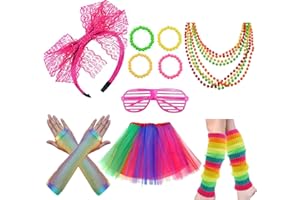 HOTSO 80s Fancy Dress Costume Accessories Women 1980s Fancy Party Accessories Set Neon Rainbow Tutu Skirt Leg Warmers Lace Bow Headband Earrings Fishnet Gloves Necklace Retro Sunglasses