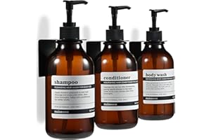 MaisoNovo Dispenser Shampoo e Bagnoschiuma - Sapone Doccia a Parete - Set da 500 ml di 3 Bottiglie di Plastica Ambrata, Pompa Nera - Dispenser Doccia