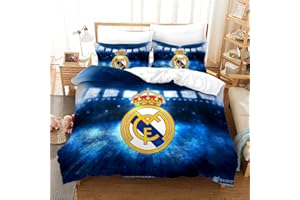 WINUO Equipo de Fútbol Madrid Juego de Funda Nórdica 220X230cm (Cama de 150/160) Funda de Edredón de Microfibra Suave con 2 Fundas de Almohada 50x75