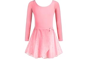 Arshiner Children's Ballet Clothing 3-11 Years Girls Two Piece Ballet Dress Short Sleeve Long Sleeve Ballet Suit Glitter Dance Dress Cotton Ballet Jersey with Chiffon Skirt Tutu