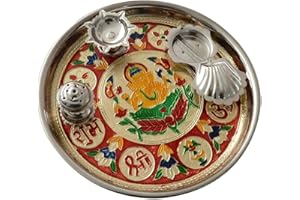 Tuelip Stainless Steel Pooja Thali Set, Aarti Thali, Diwali Decoration,Traditional Aarti Thali for Home Mandir Pooja Thali for All Occasion & Groom-Bride Welcome Pooja Thali Set- 10 inch