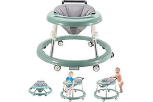 FUGUALIN Baby Walker with Wheels, Activity Center with Mute Wheels Anti-Rollover, 5-Position Height Adjustable Foldable Baby Walker (Green)