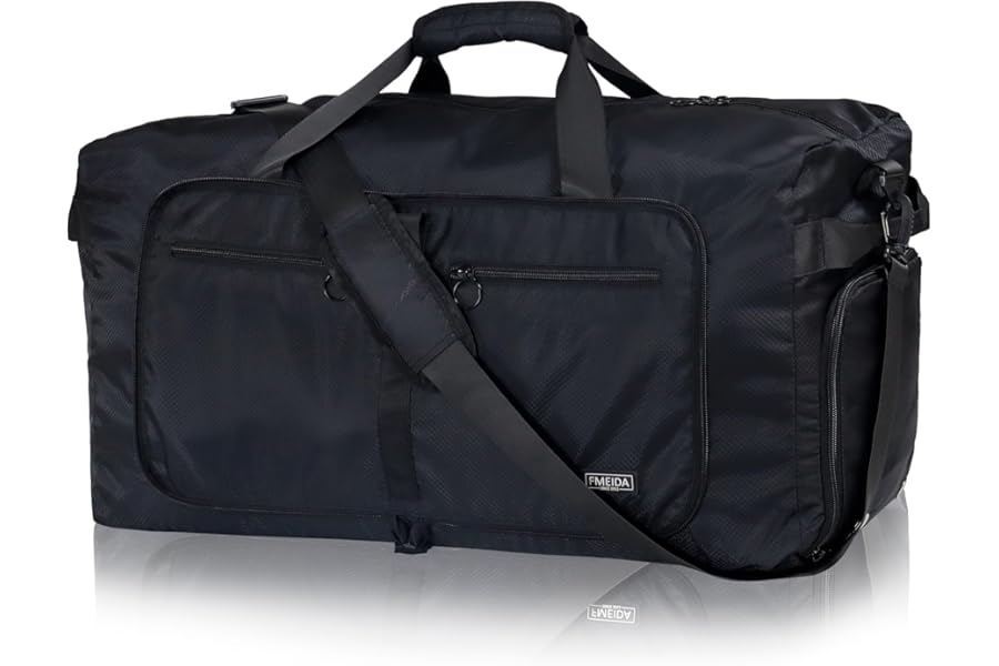 Fmeida 65L Foldable Travel Duffle Bag, Lightweight Waterproof Weekend Luggage with Shoes Compartment, Large Overnight Holdall Tote, Black