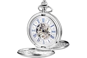 TREEWETO Montre de Poche pour Homme et Femme Style Steampunk Squelette Mécanique Argenté Rétro Montres Double Boîtier, Argenté., Rétro