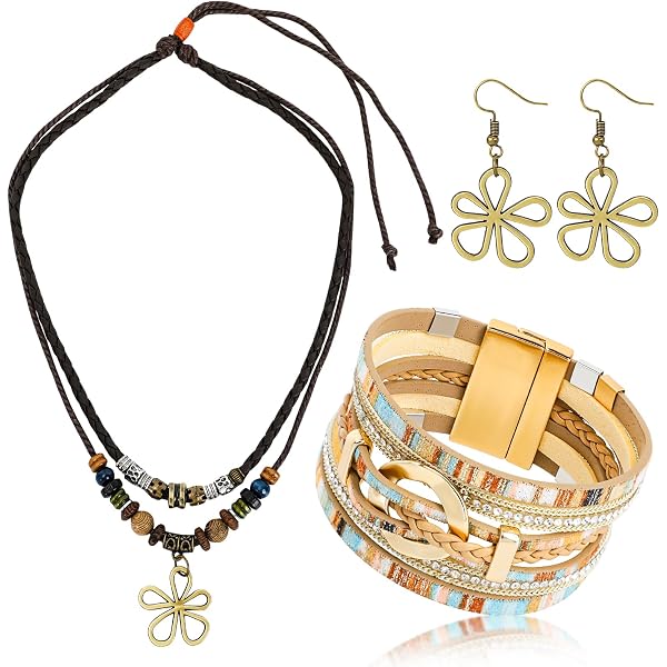 Ensemble De Bijoux Bohème Femme - Collier Fleur Bois, Bracelet Cuir, Boucles D'oreilles Pendantes - Style Vintage