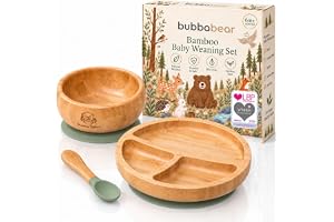 Bubba Bear Baby Bambu avvänjningsset | Småbarn och bebisar tallrikar och skålar med sug | Barnens LED-matningsplatta, skål och sked set