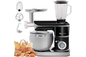 KRAFTLINE Imperial 3 in 1 Küchenmaschine: 2200W Leistungsstarker Aluminium Mixer, 6 Gänge, 8.5L Füllmenge, Spülfest, Ideal für Brot und Pizzateig, Edelstahl Design mit Multifunktionszubehör (Schwarz)