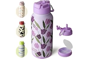 BOTTLEBOTTLE BOTTLE BOTTLE Insulated Water Bottle 950ml(32oz) Stainless Steel Sports Water Bottles with Straw Dual-use Lid Drink Flask Design for Gym with Pill Box (purple tulips)