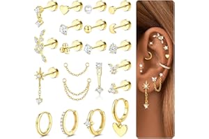 CASSIECA 21Pcs Boucles d'Oreilles Femme Acier Inoxydable Piercing Helix Or Argent Piercing Oreille Tragus Helix Conch Acier Chirurgical Bijoux Femme
