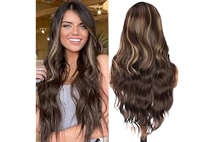 PORSMEER Perücke Damen Dunkelbraun Lang Locken Perrucke Natürliche Perücken für Frauen Cosplay Wig Kostüm Party (Dunkelbraun mit blond)