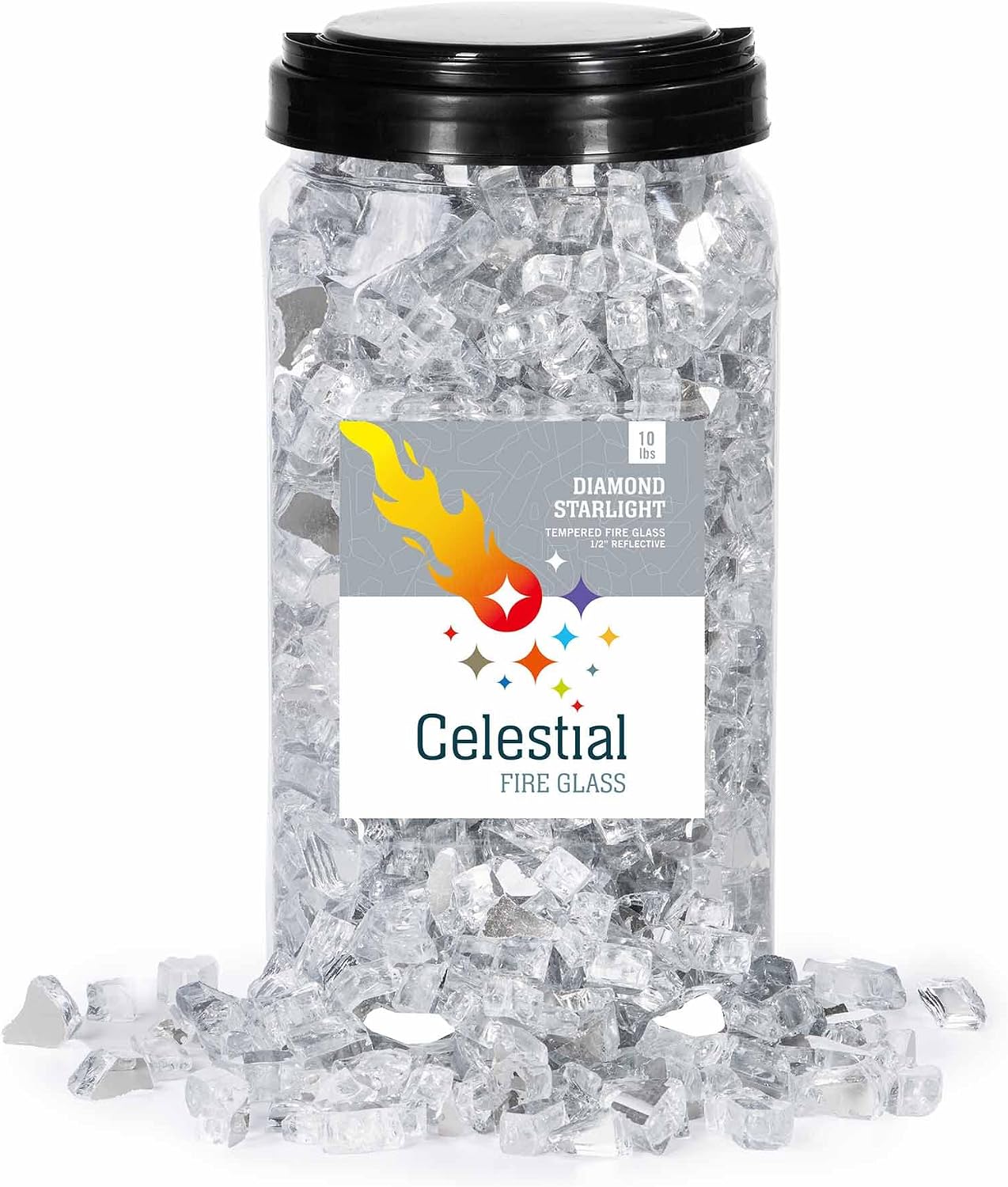 Celestial Fire Glass High Luster, 1/2" Reflective Tempered Fire Glass in Diamond Starlight, 10 Pound Jar