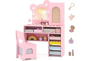 COSTWAY Tocador de Maquillaje Niña, Tocador Niña con Espejo y Luces de 3 Colores, Accesorios, 5 Cajones y 2 Compartimentos, Armario con Puerta,Estante Abierto, Mesa de Maquillaje para Niñas de 3+ Años