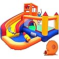 Ballsea Bouncy Castle, Inflatable Trampoline Bounce House with Long Slide, Climbing Wall, Ball Pit, Cannon, Bucket Dump for Kids Indoor Outdoor