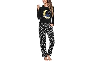 Aseniza Pijama Mujer Invierno Algodón Conjunto de Pijamas Largo Manga Larga Ropa de Dormir 2 Piezas con Bolsillo