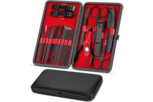 WOODFIB Juego de manicura, kit profesional de cortaúñas de 18 piezas, herramientas de cuidado de pedicura, kit de aseo de acero inoxidable con funda de cuero para viajes y hogar (negro y rojo)
