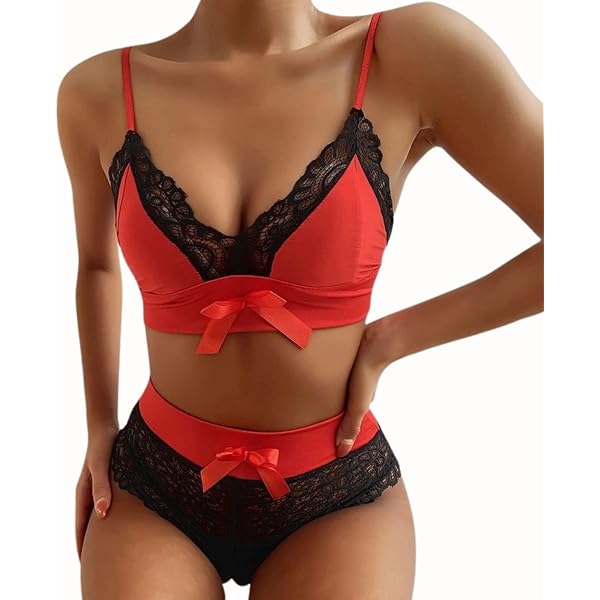 Ensemble Lingerie VicSec Femme 2 Pièces - Dentelle Sexy, Nœud Papillon, Soutien-Gorge & String - Noir, Rouge, Bleu Ou Rose