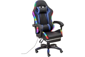 Baroni Home Silla Gaming Ergonómica con Cojín Lumbar, Luces LED Regulables y Reposapiés Extraíble, Silla de Oficina con Respaldo Inclinable y Altura Regulable, Azul, 68x66x125-133 cm