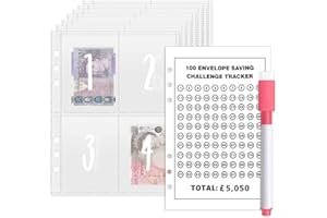 Royaya 100 Envelopes Money Saving Challenge Inserts UK,Pre-Numbered(1-100) Envelopes with Pen & Money Saving Challenge Tracker A5 Size Sheets for Budget Planner, Ideal Replacement for Budget Planner