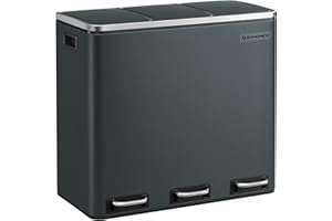 SONGMICS Cestino da Cucina, Pattumiera per Raccolta Differenziata 3 x 18L, 3 Scomparti per Riciclaggio, Coperchi a Chiusura Morbida, Pedali, Acciaio, Grigio Verdastro LTB54GS