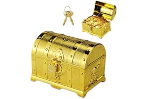VicBou Schatzkiste Kindergeburtstag, Schatztruhe Goldmünzen, Box Verschließbar Mit Deckel Und Schloss Mit Schlüssel, für Aufbewahren Und Dekorieren, Kindergeschenk, 14x9.7x9.5cm