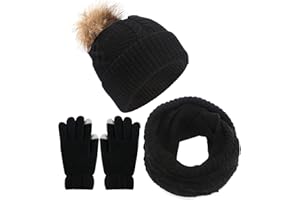 CheChury Beanie Hat, Scarf and Touchscreen Gloves Set with Pom Pom Hat for Women Outdoor Sports 3 in 1 Cold Weather Set