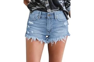Roskiky Women's Mid Rise Shorts Stretch Frayed Ripped Raw Hem Denim Jean Shorts
