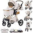 BEBBY 3 in 1 Pram, Pushchair with Seat, Pushchair 3 in 1 Travel Stroller with Adjustable-Height Push Handle,High Landscape Combined Baby Buggy Aluminium Frame