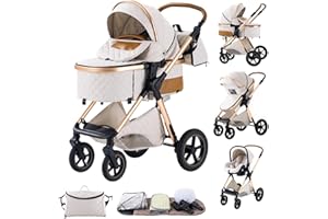 BEBBY Kombikinderwagen 3 in 1 Reisesysteme Standardkinderwagen Kinderwagen Buggy Neugeborener Tragbarer Reisewagen Faltbarer Aluminium Kinderwagen High Landscape Kinderwagen (Rice white-6)