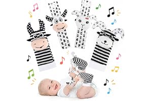 JoyPlus 4 stycken handledsskallra strumpor och fotsökare, baby skallra leksak handled och strumpor med plyschleksak lek, baby