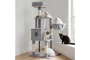 Heybly Rascador para Gatos, Árbol para Gatos De 125 Cm, Torre De Gato Espaciosa Y Cómoda con Guarida, Dos Grandes Plataformas, Cesta, Robustos Tubos De Acero, Gris Claro HCT200SW-